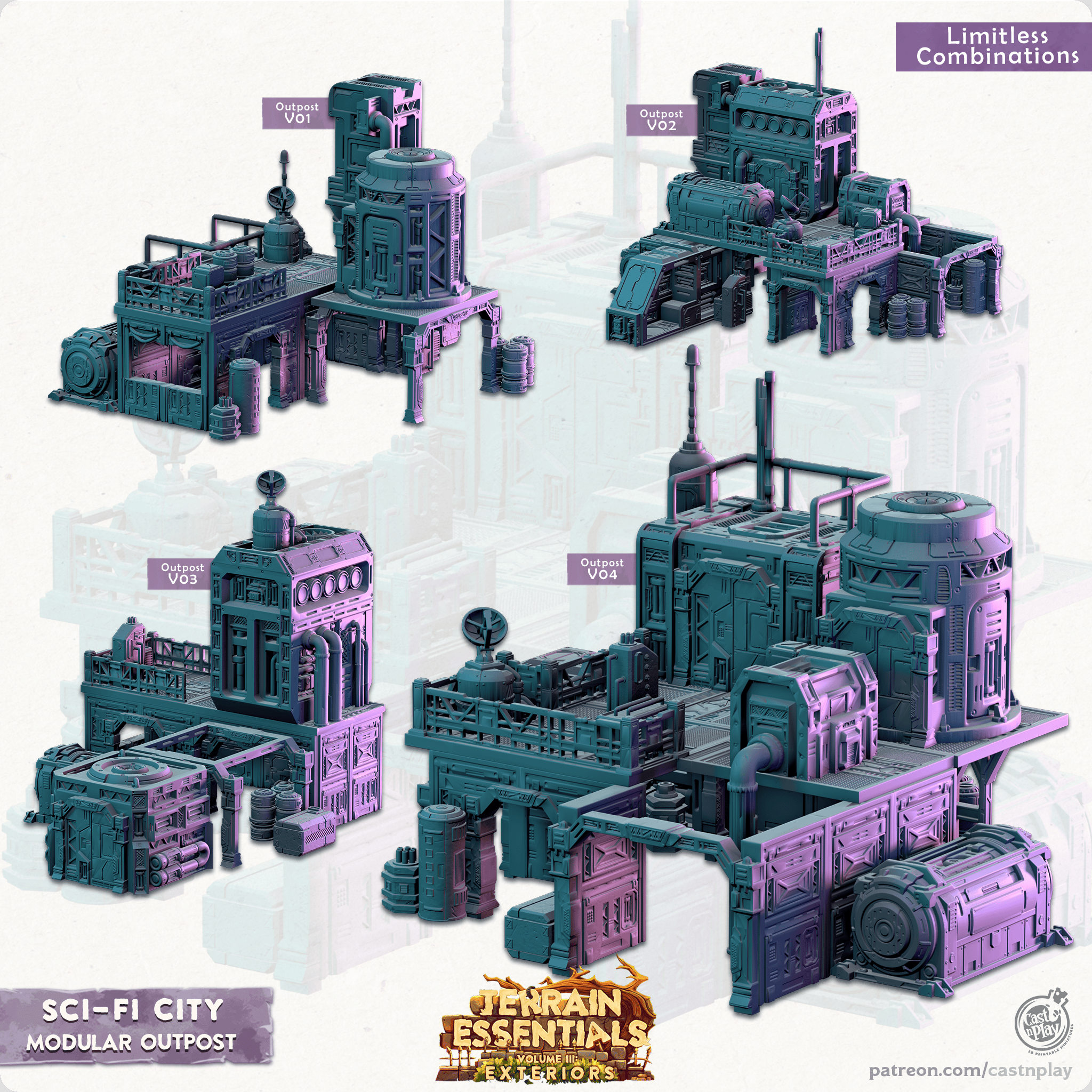 3D Printed Cast n Play Modular Outposts Sci-Fi City Set Terrain Essentials Vol III Exteriors 28mm 32mm D&D