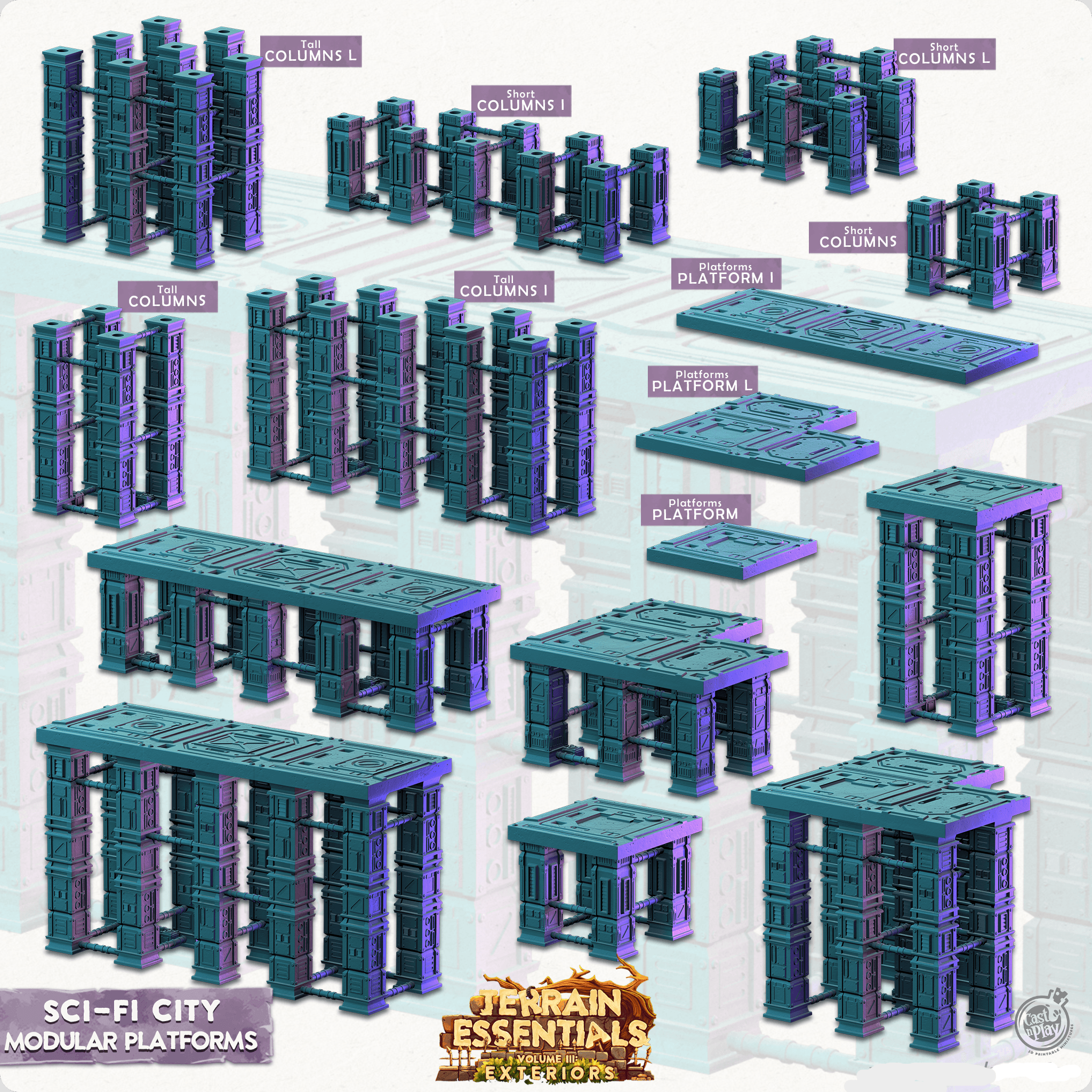 3D Printed Cast n Play Modular Platforms  Sci-Fi City Set Terrain Essentials Vol III Exteriors 28mm 32mm D&D