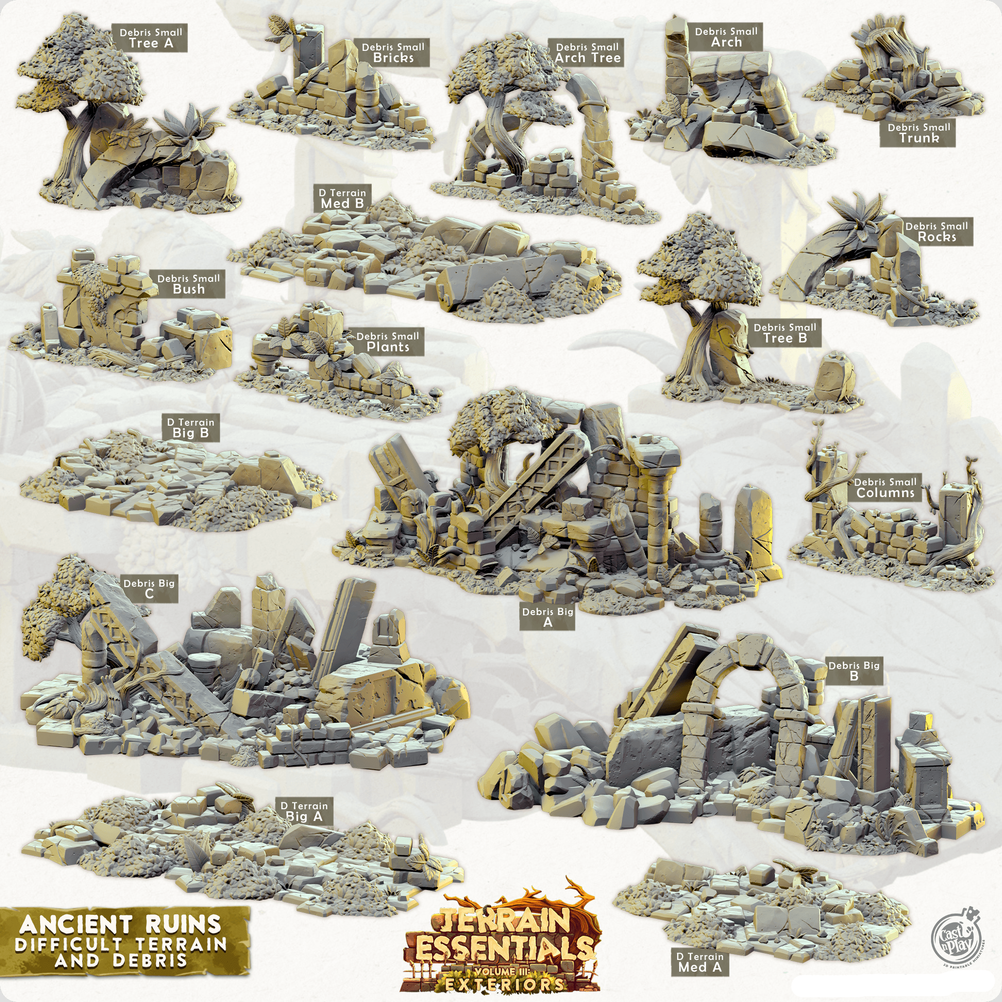 3D Printed Cast n Play Terrain Essentials Exteriors - Ancient Ruins Debris and Difficult Terrain Set 28mm 32mm D&D